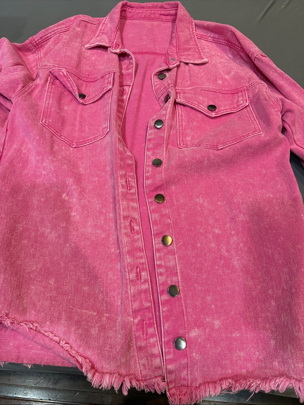 Washed Pink Denim Jacket with Frayed Hem